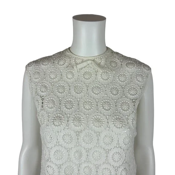 Vintage 50s Lace Blouse Women's Medium White Bow Neck Button Back Sleeveless